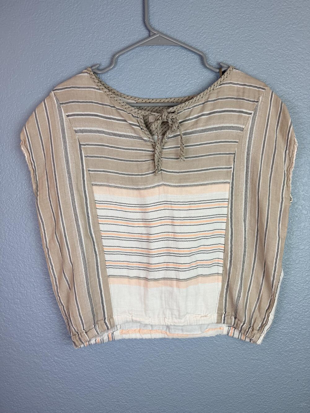 PrAna Blouse Womens XS Beige Stripe Short Sleeve Dolman Tie Hem Boho Top
